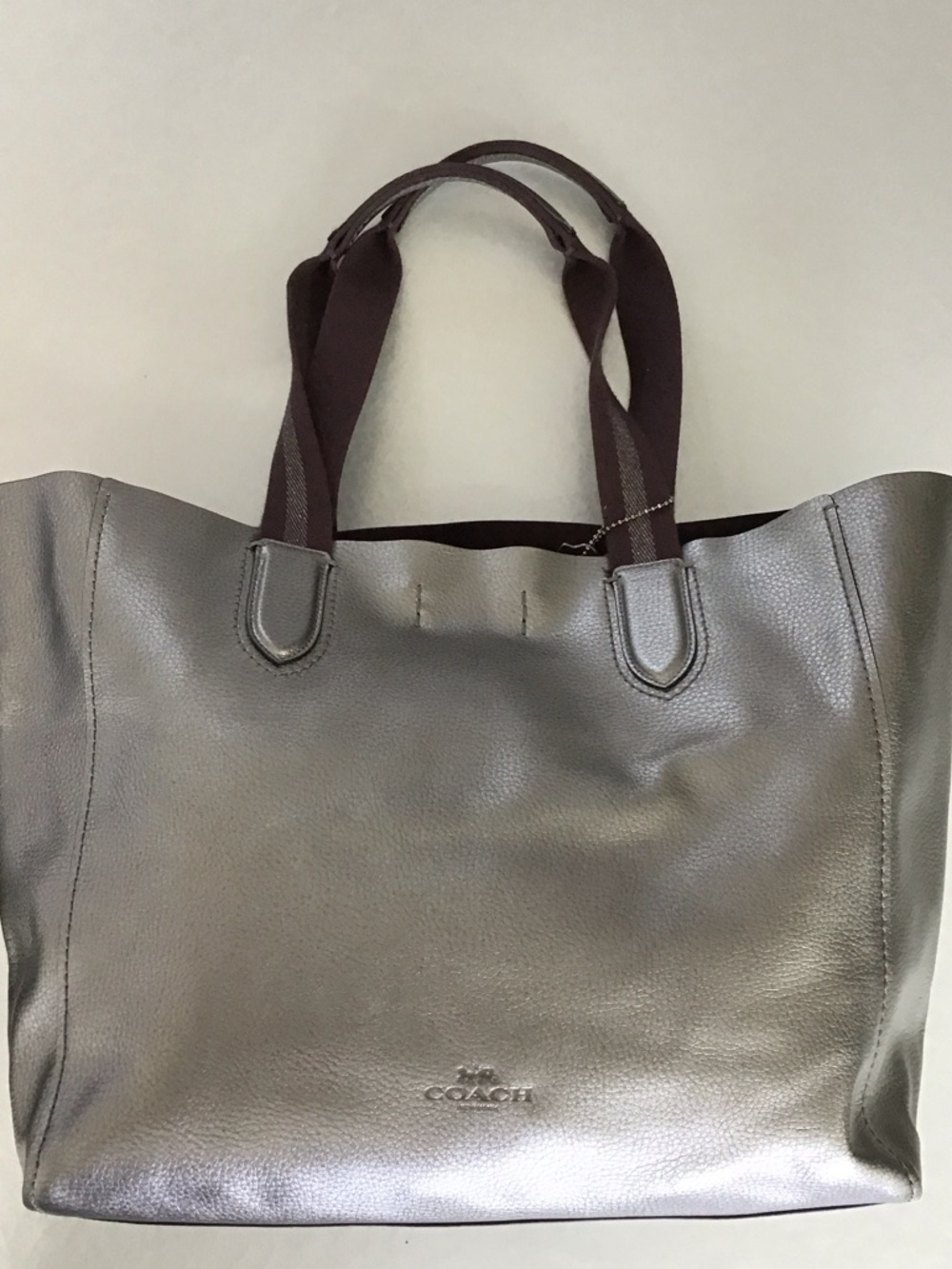 Coach Gunmetal Metallic Large Leather Tote with Dark Brown Straps EUC - Picture 2 of 13